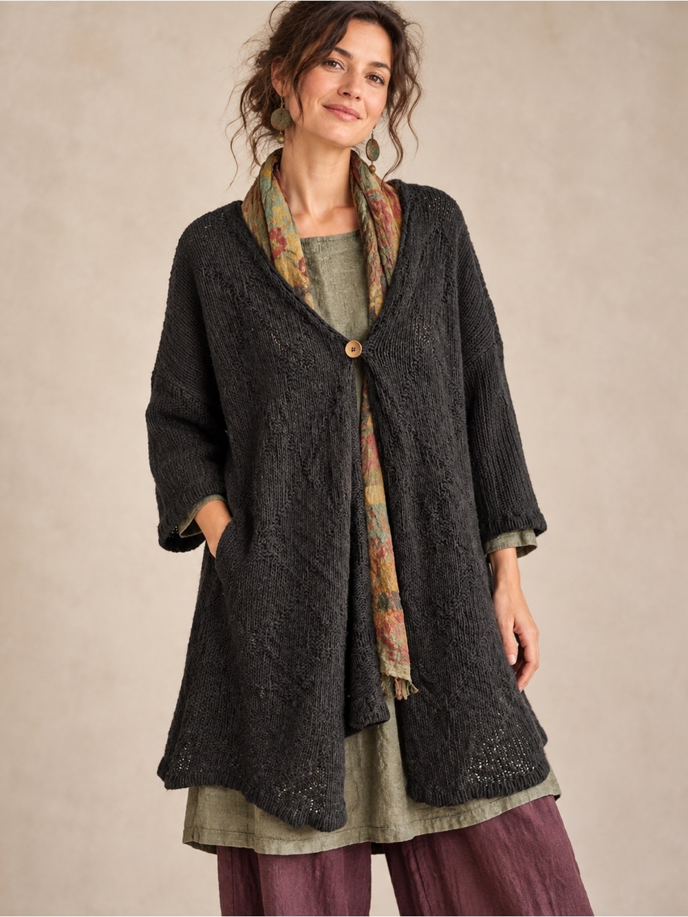Gudrun Sjoden Charcoal Recycled Wool Open Knit Long Cardigan Small